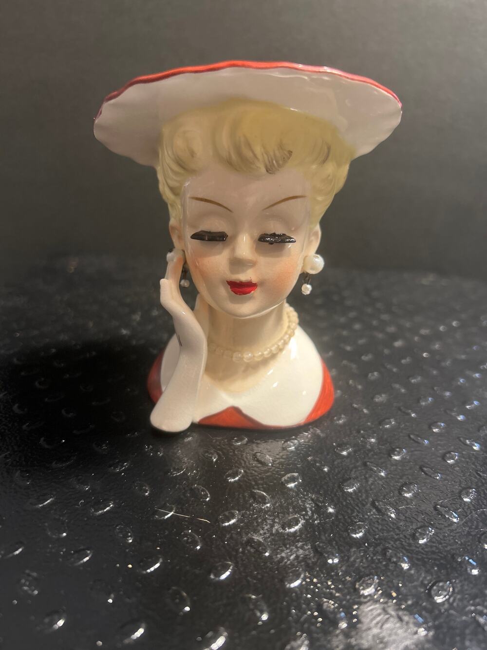 vintage ceramic head vase planter a blond woman with a red hat and dress